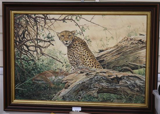 William S. De Beer, oil on canvas, Cheetah with a gazelle, signed, 50 x 75cm
